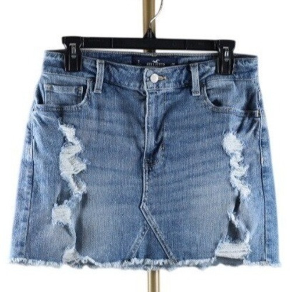 Hollister High-Rise Mini Skirt Distressed Denim Raw Hem Blue Womens Size 7 W28